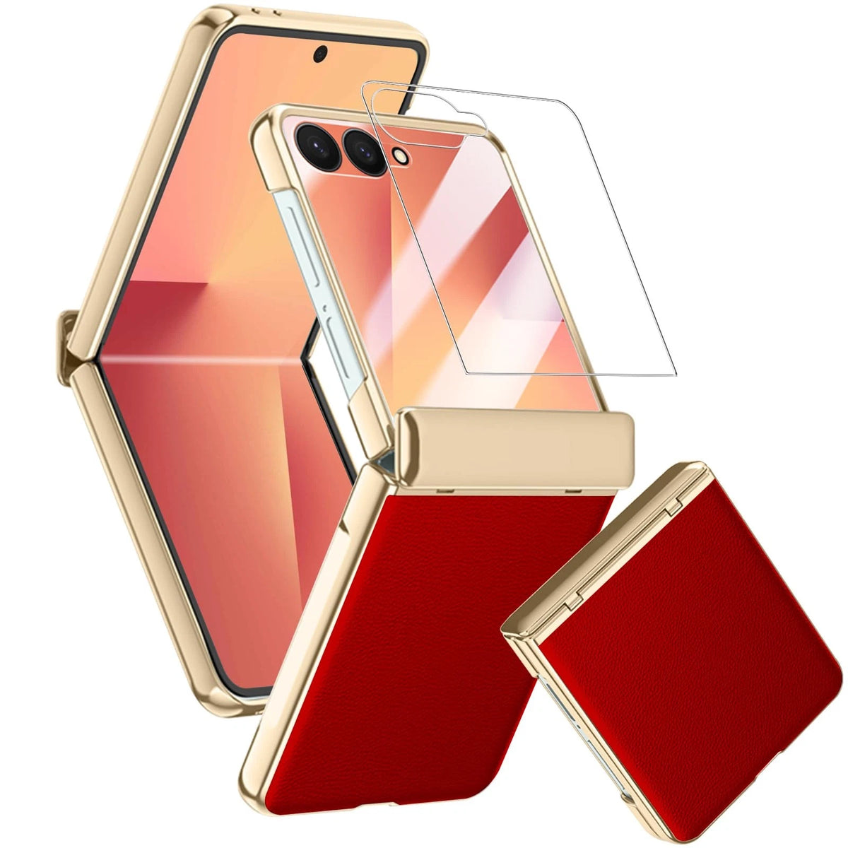 YQODSZ Leather Case for Samsung Galaxy Z Flip 7 (2025) - Gold/Red