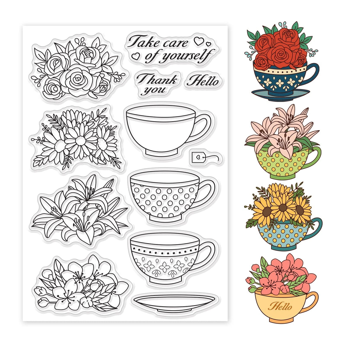 Set of 4 Clear Silicone Stamps for Tea Cup and Flowers