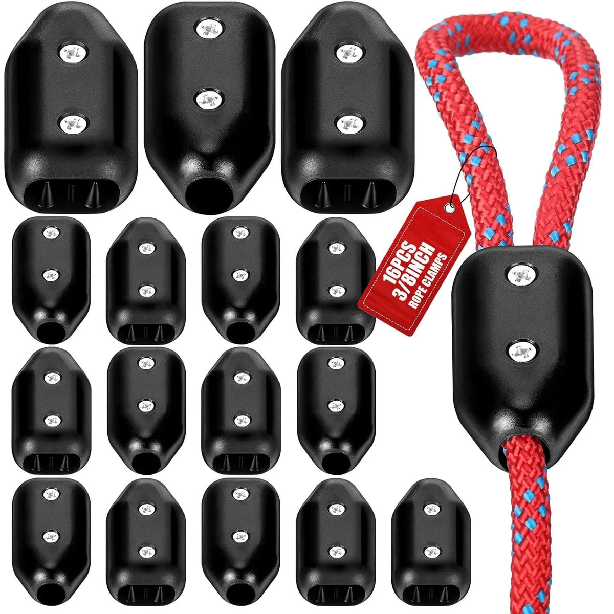 16 Pcs Rope Clamps for Universal Use (Reusable 3/8 Inch Black Plastic)