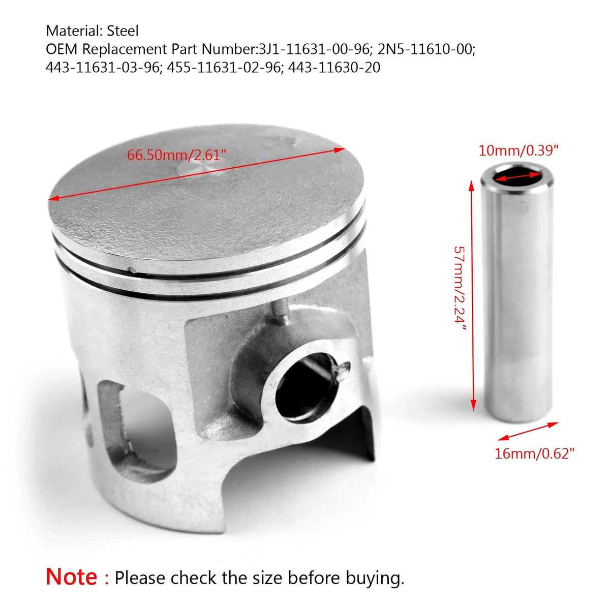 Piston Pin Kit Ø66.50mm for Yamaha DT175 YT175 (1974–1981) +0.50MM