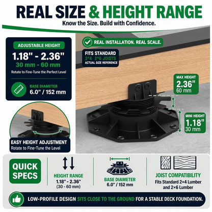 12-Pack Adjustable Deck Support Pedestals 1.18"–2.36" for Decking