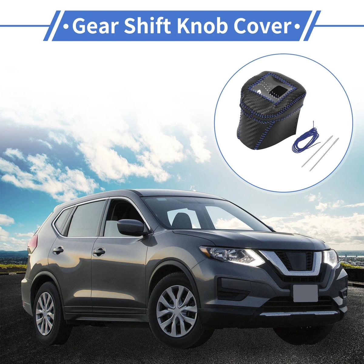 Gear Shift Knob Cover for Nissan Rogue (2021–2024) Black Carbon Fiber Blue