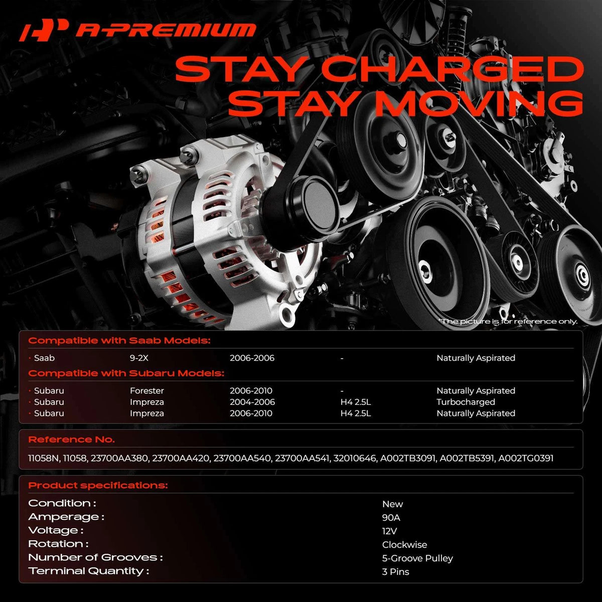 Alternator for Subaru Forester (2006–2010), Impreza (2004–2010), Saab 9-2X, 11058, 23700AA380, 23700AA420, 23700AA540, 23700AA541, 11058N