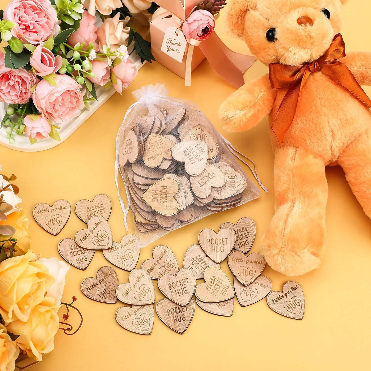 150 Pcs Wooden Pocket Hug Tokens with 3 Organza Bags for Remembrance