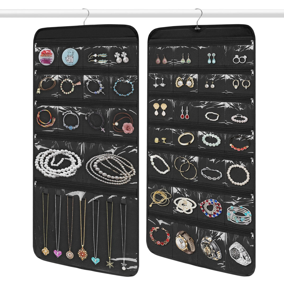 42 Pockets Hanging Jewelry Organizer Bag with Zipper & Hooks
