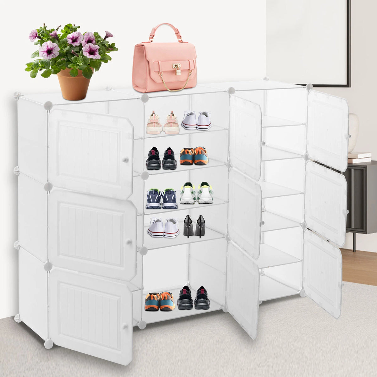 6-Layer Stackable Storage Organizer Shoe Rack with Clear Doors