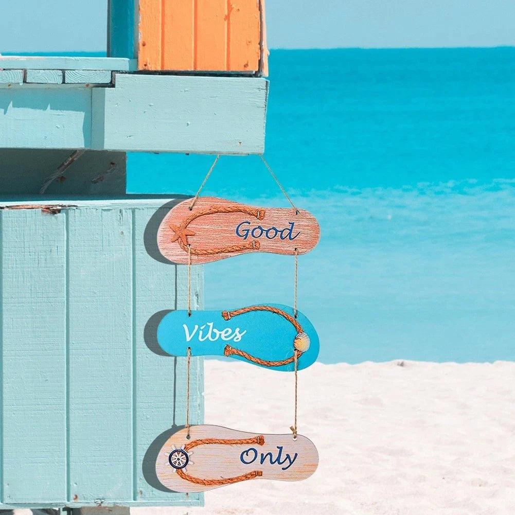 Wooden Marine Theme Flip Flops and Fish Pendant Wall Hanging Decor