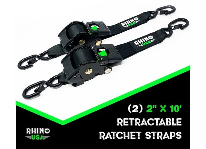 2X Retractable Ratchet Straps 2" x 10' for Automotive (2-Pack) Red