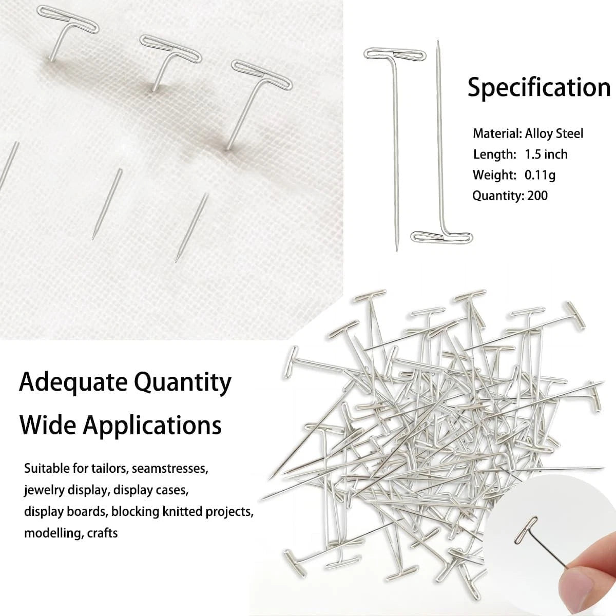 200PCS Metal T Pins for Automotive Use (1.5 Inch Stainless Steel)