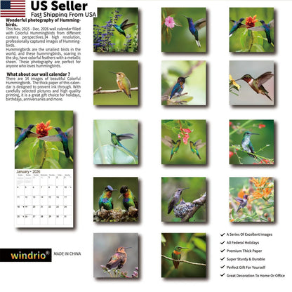 2026 Wall Calendar for Hummingbirds (November 2025 - 12"x24")