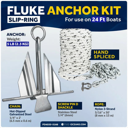 Fluke Anchor Kit for Boat (5 lb) - Slip-Ring with Rope & Chain