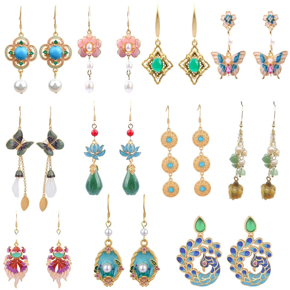 Set of 2 Bohemian Turquoise Gemstone Drop Earrings - Gold Plated Hook