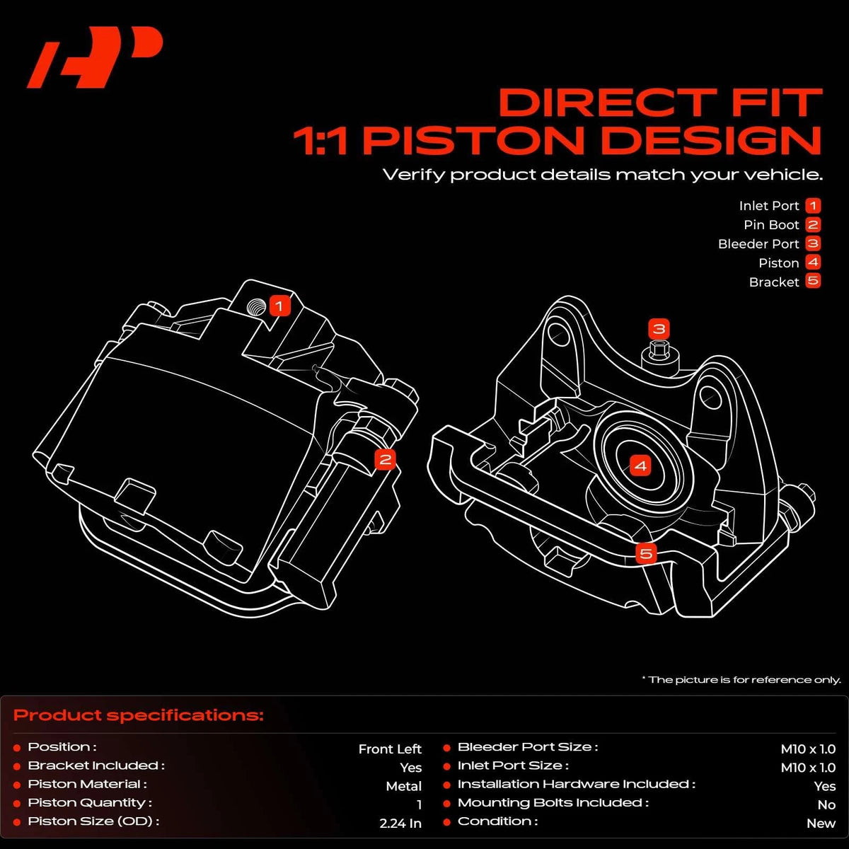 Front Left Brake Caliper w/ Bracket for Elantra GT Veloster Kia Forte (581802VA10, 58180A5A00, 58180A5A30, 58180A7A00, 58180A7A01, 19-B6790, RC12733C)