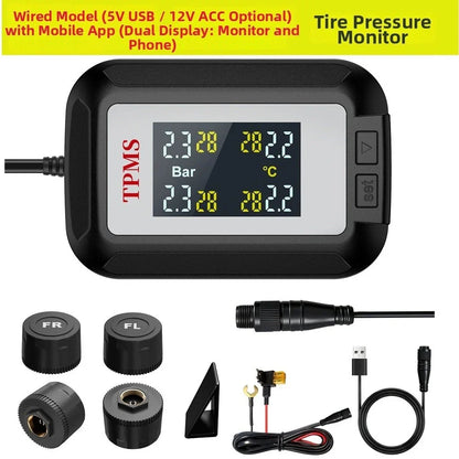 Wireless TPMS Tire Pressure Monitor APP Dual Screen USB 12V ACC for Car Use
