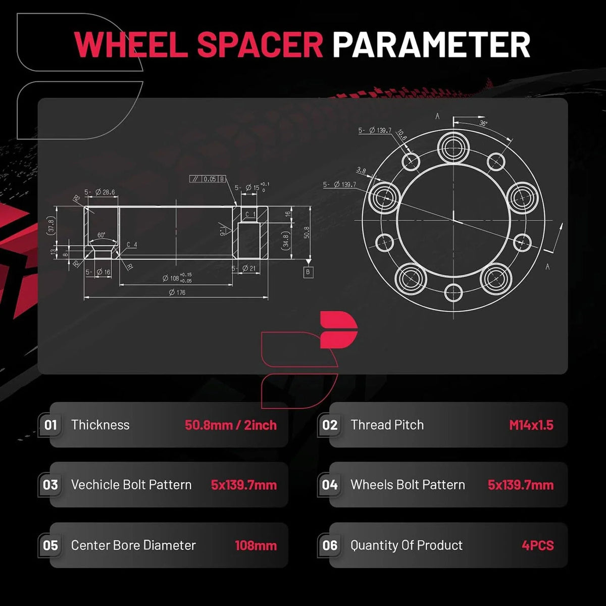 Set of 4 Wheel Spacers 2" 5x5.5 5x139.7 14x1.5 for Ram 1500 Sport (2012–2018)