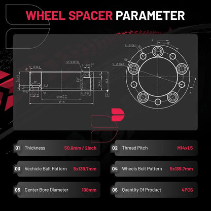 Set of 4 Wheel Spacers 2" 5x5.5 5x139.7 14x1.5 for Ram 1500 Sport (2012–2018)