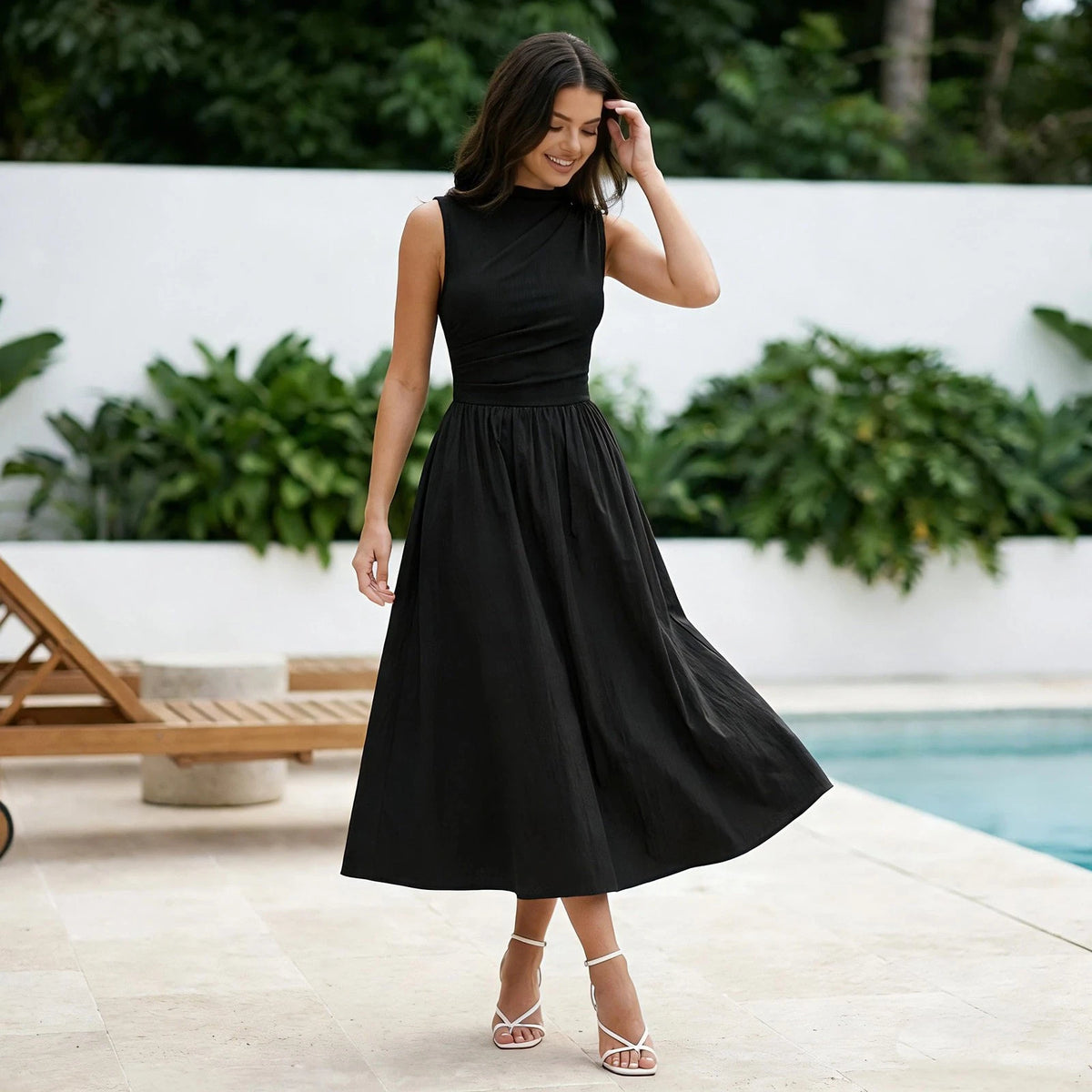 Set of 2 Women's Retro Half Collar Sleeveless Casual Swing Dress (Black)
