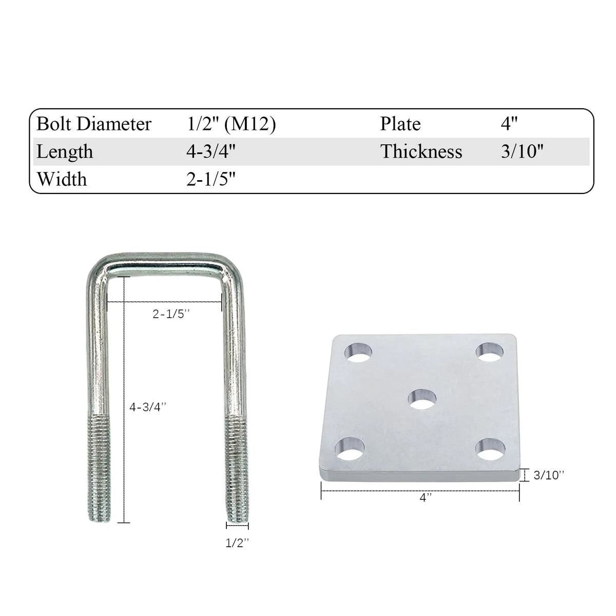 2X Square U-Bolt Kit for Boat Trailer Axle Leaf (1/2 in M12)