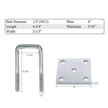 2X Square U-Bolt Kit for Boat Trailer Axle Leaf (1/2 in M12)