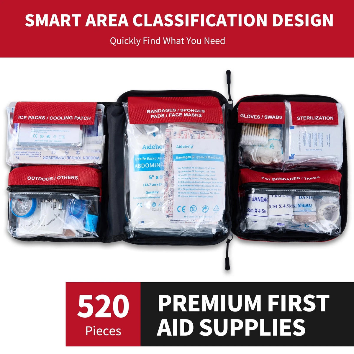 520 Pieces First Aid Kit for Red (Emergency Medical)