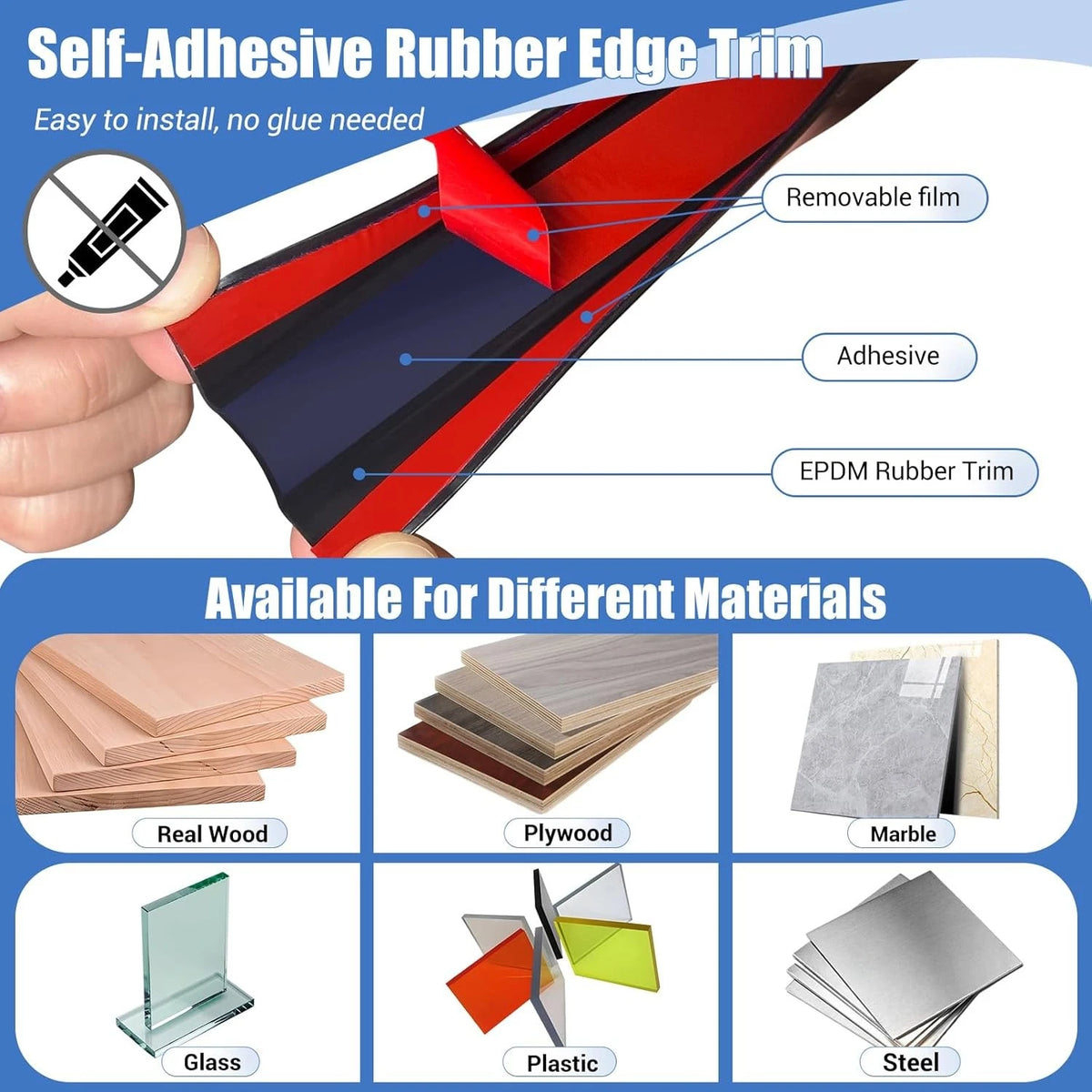 Rubber Edge Trim for Universal Fit (3/4" - 20') - Black Self-Adhesive U Channel