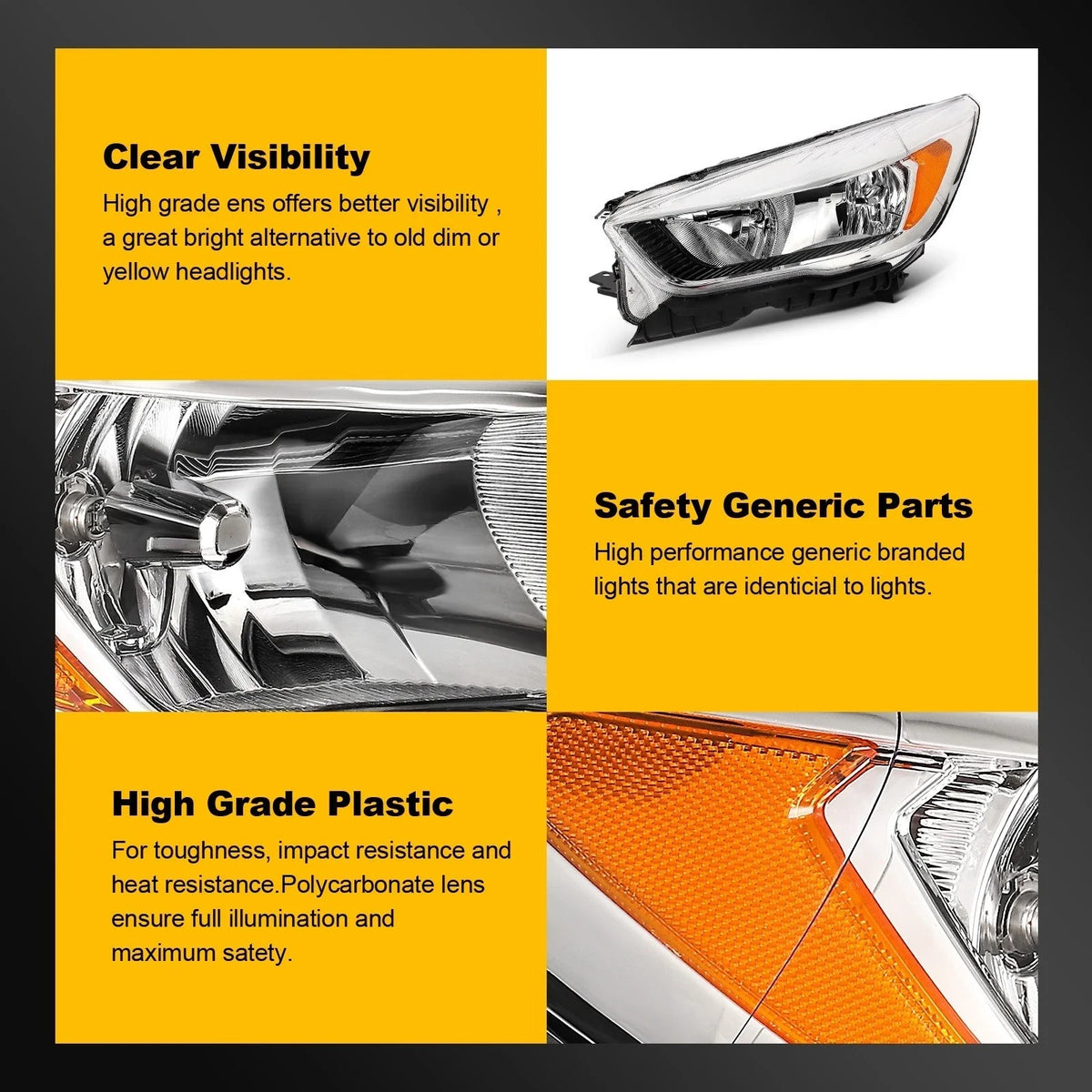 2Pcs Pair Front Headlights for Ford Escape (2017–2019) Chrome Amber