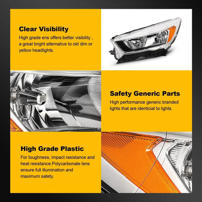 2Pcs Pair Front Headlights for Ford Escape (2017–2019) Chrome Amber