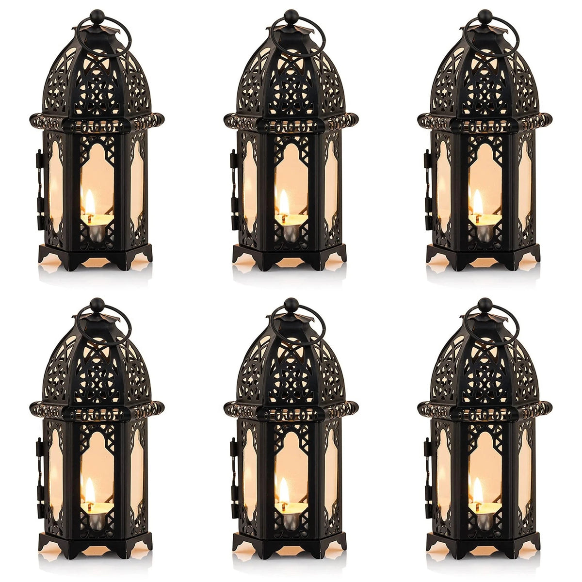 Set of 6 Hanging Candle Holder Lanterns - Glass Hexagon Centerpiece