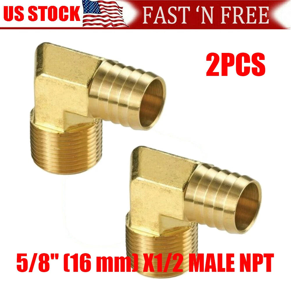 2X 5/8" Hose Barb x 1/2 NPT Male Pipe Thread 90 Elbow Brass Fitting