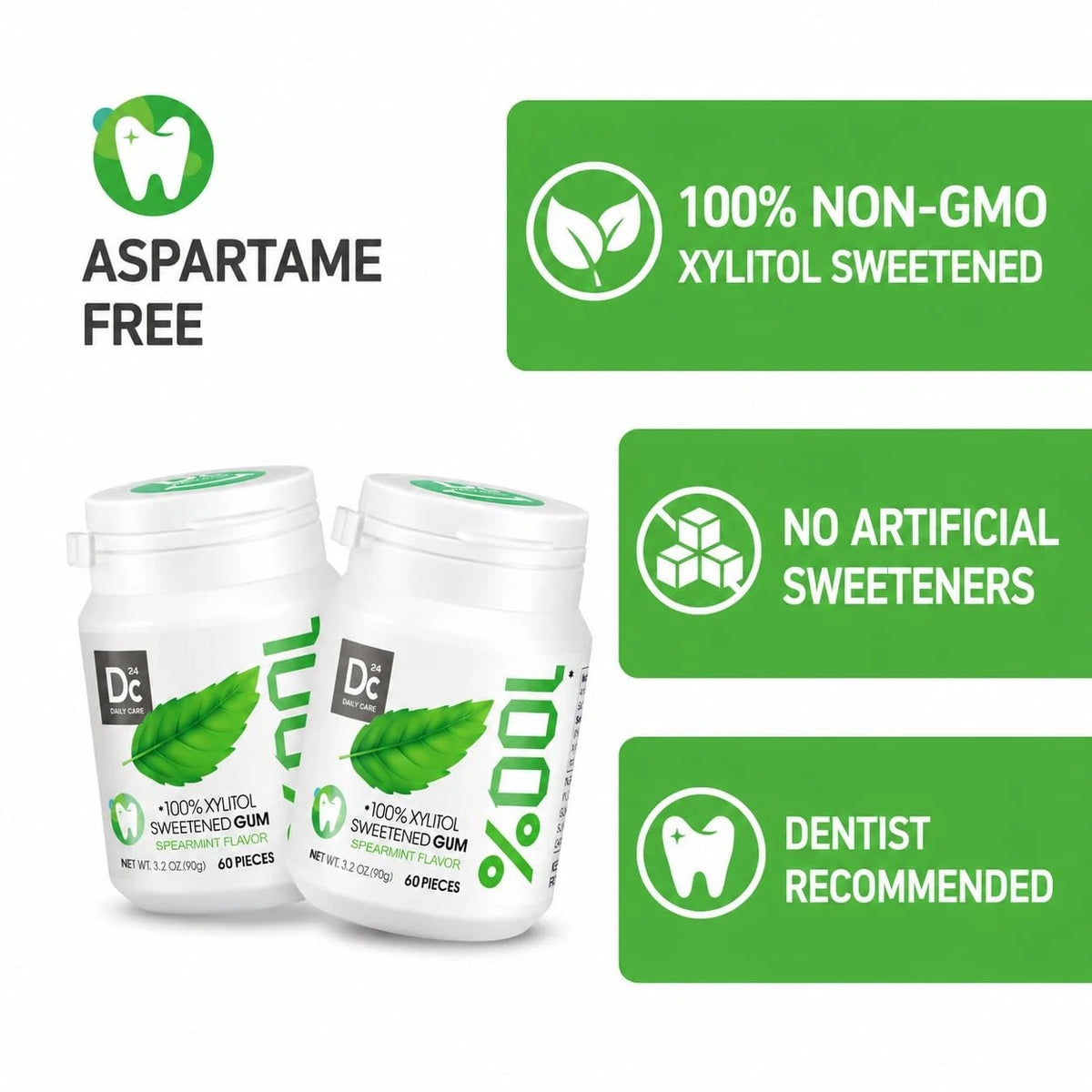 2X DC24 Daily Care Xylitol Gum, No Aspartame, Sugar-Free, 60 Count