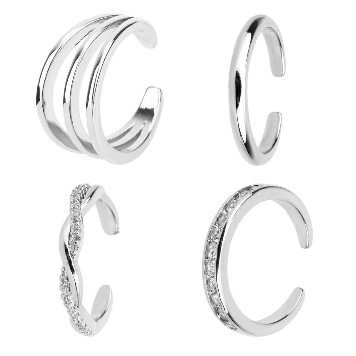 Set of 4 Adjustable Toe Rings for Women, Open 1.4cm, Silver