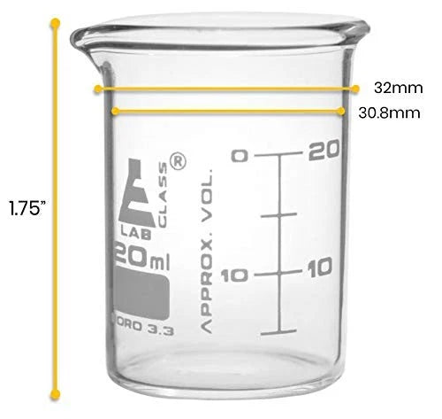 Set of 12 Beakers for ASTM Low Form with Spout, 20ml, Dual Scale