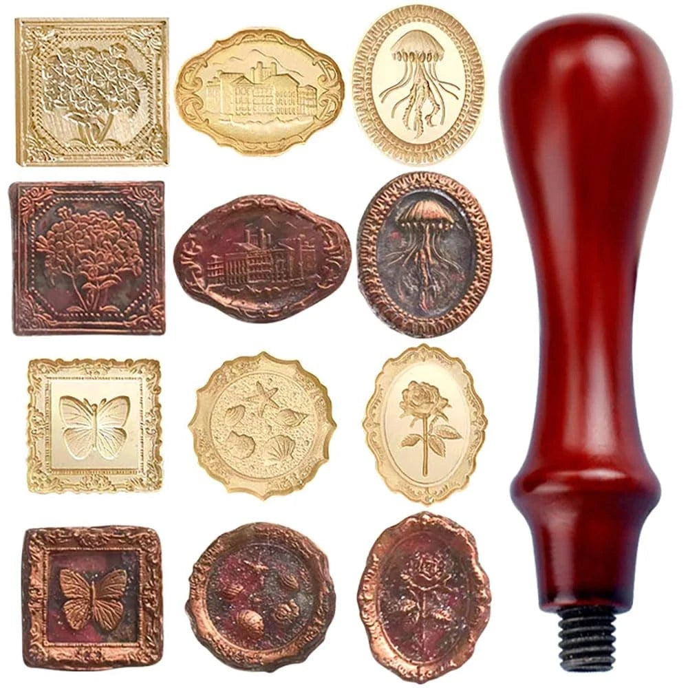7pcs Vintage Wax Stamp Seal Kit with Wooden Handle and Gold Accents