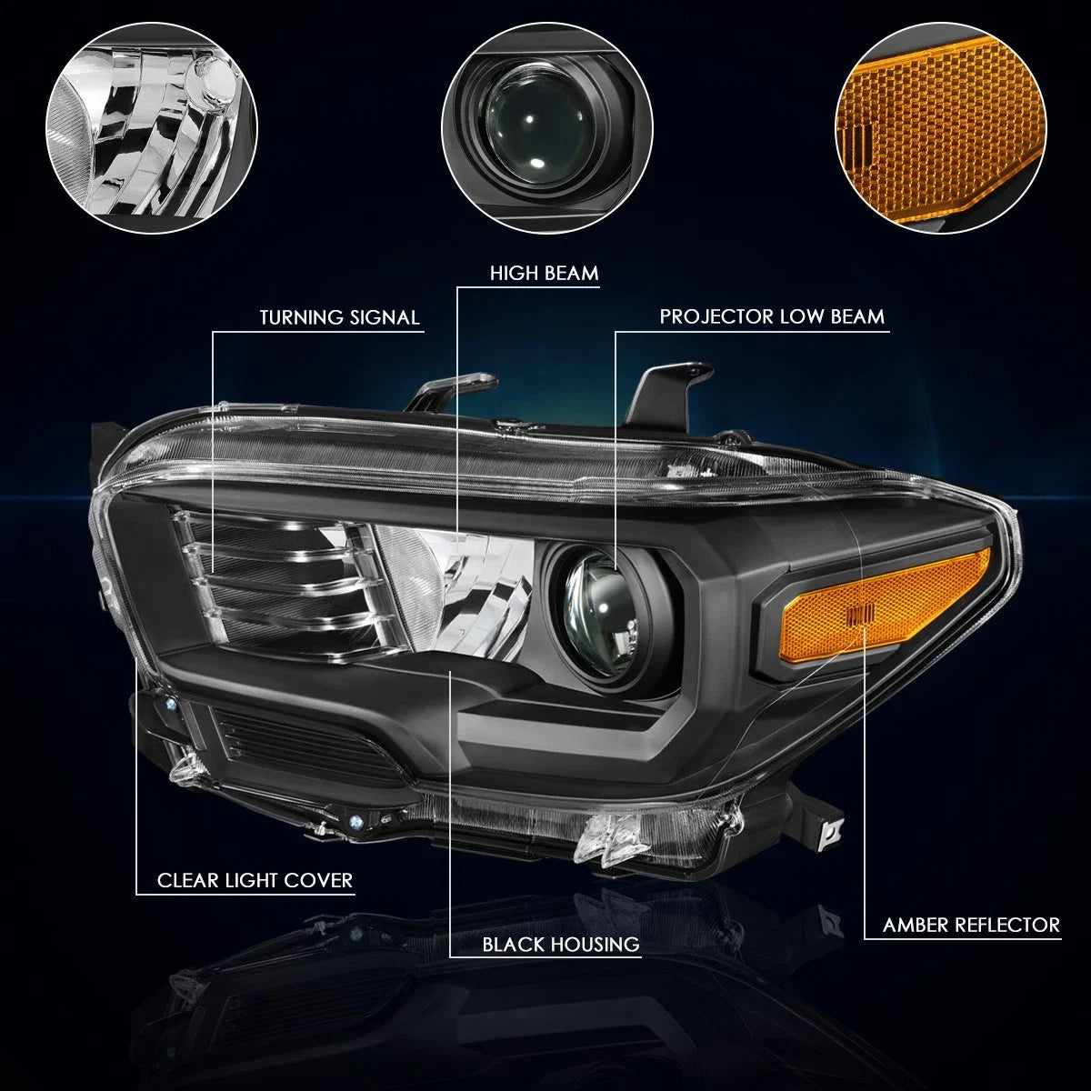 Projector Headlights for Tacoma (2016–2020) Black Housing Amber Side