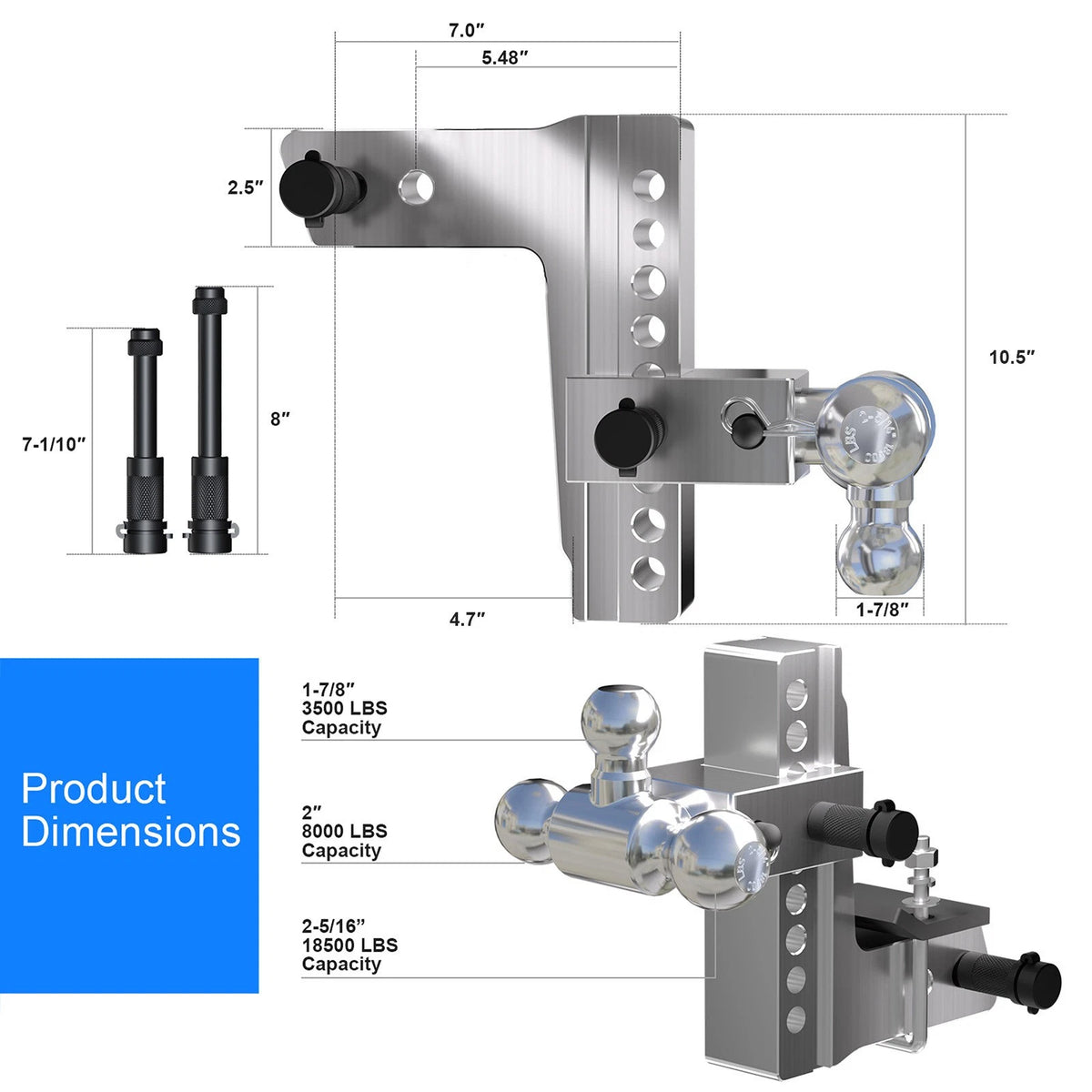 2.5" Receiver Adjustable Drop Hitch for Trailer Towing (8 Inch Drop/Rise)
