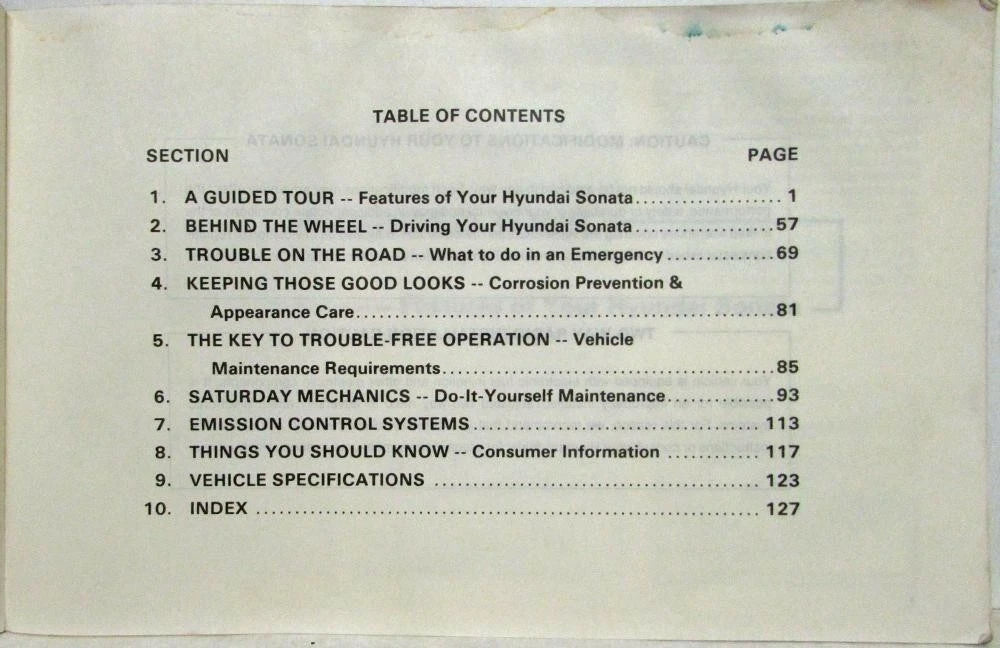 Owners Manual for Hyundai Sonata (1989)