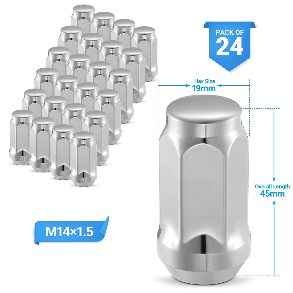 Set of 24 Chrome 14x1.5 Bulge Acorn Lug Nuts for Chevy Silverado GMC Sierra