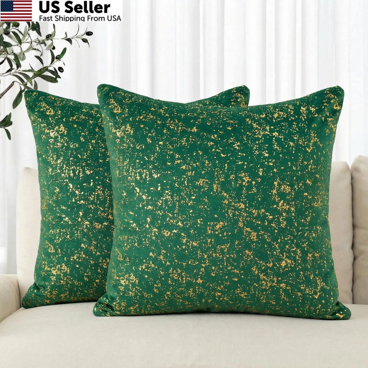 Pack of 2 Velvet Throw Pillows 18" x Green Gold Foil