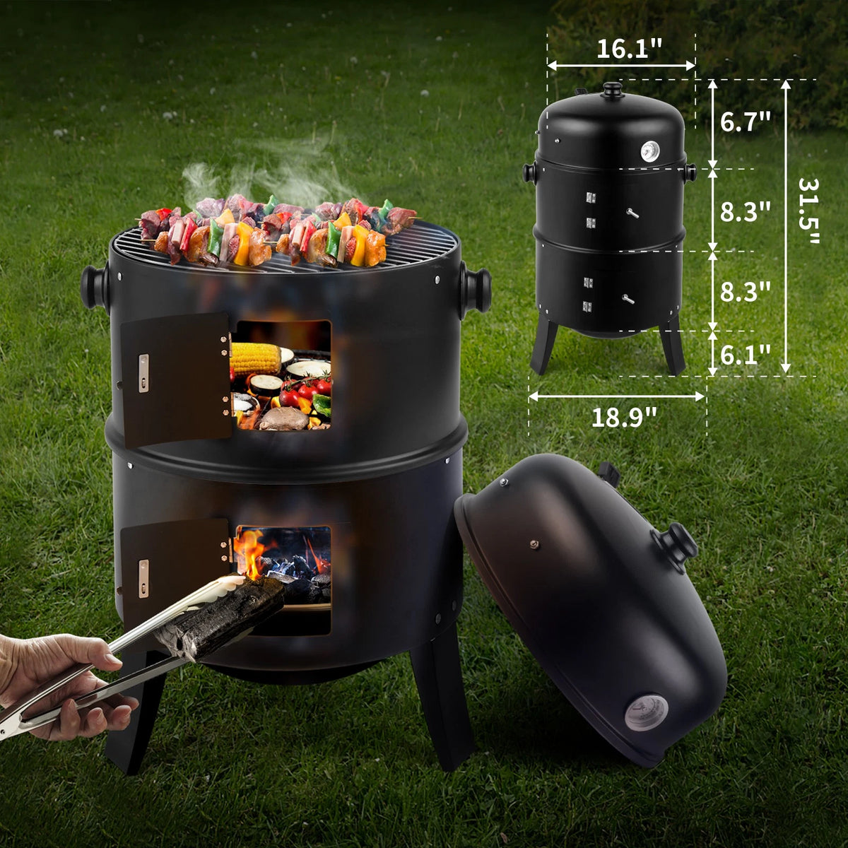 3-in-1 Portable Charcoal BBQ Smoker Grill for Outdoor Camping