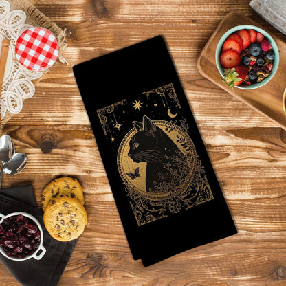 Gothic Tarot Cat Kitchen Towels - Witchy Black Gold 16x24 inches