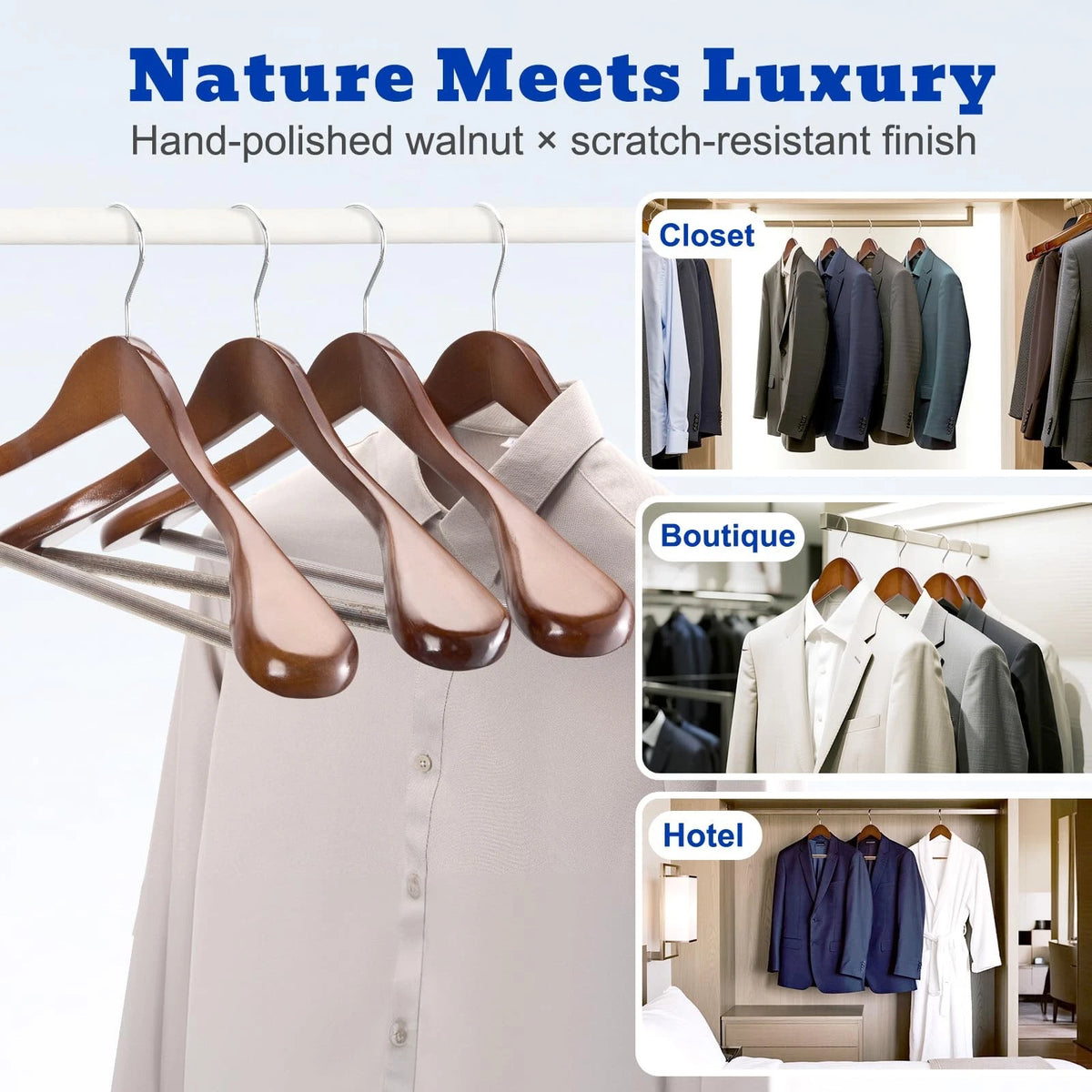 Set of 4 Wide Shoulder Wooden Suit Hangers with Non-Slip Pants Bar