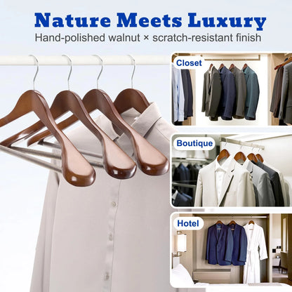 Set of 4 Wide Shoulder Wooden Suit Hangers with Non-Slip Pants Bar