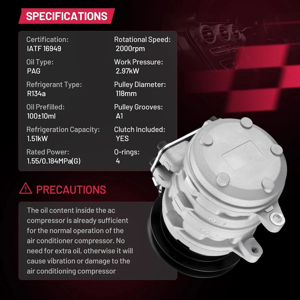 A/C Compressor for Suzuki X-90 (1996–1998), Chevrolet Tracker (1989–1991), Suzuki Samurai