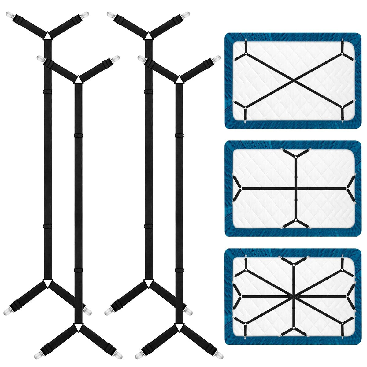 Set of 4 Bed Sheet Straps with Metal Clips - Adjustable Black