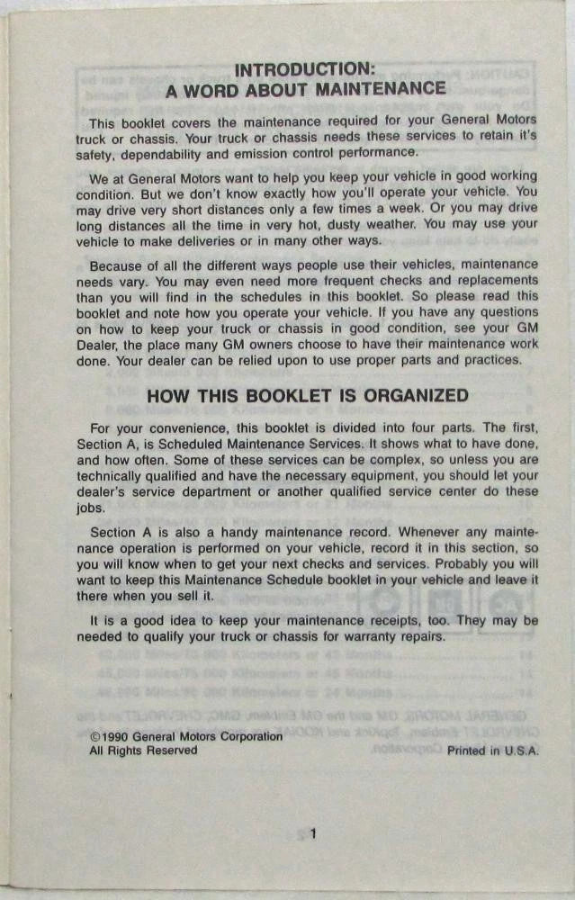 Maintenance Schedule Booklet for GMC TopKick (1991)