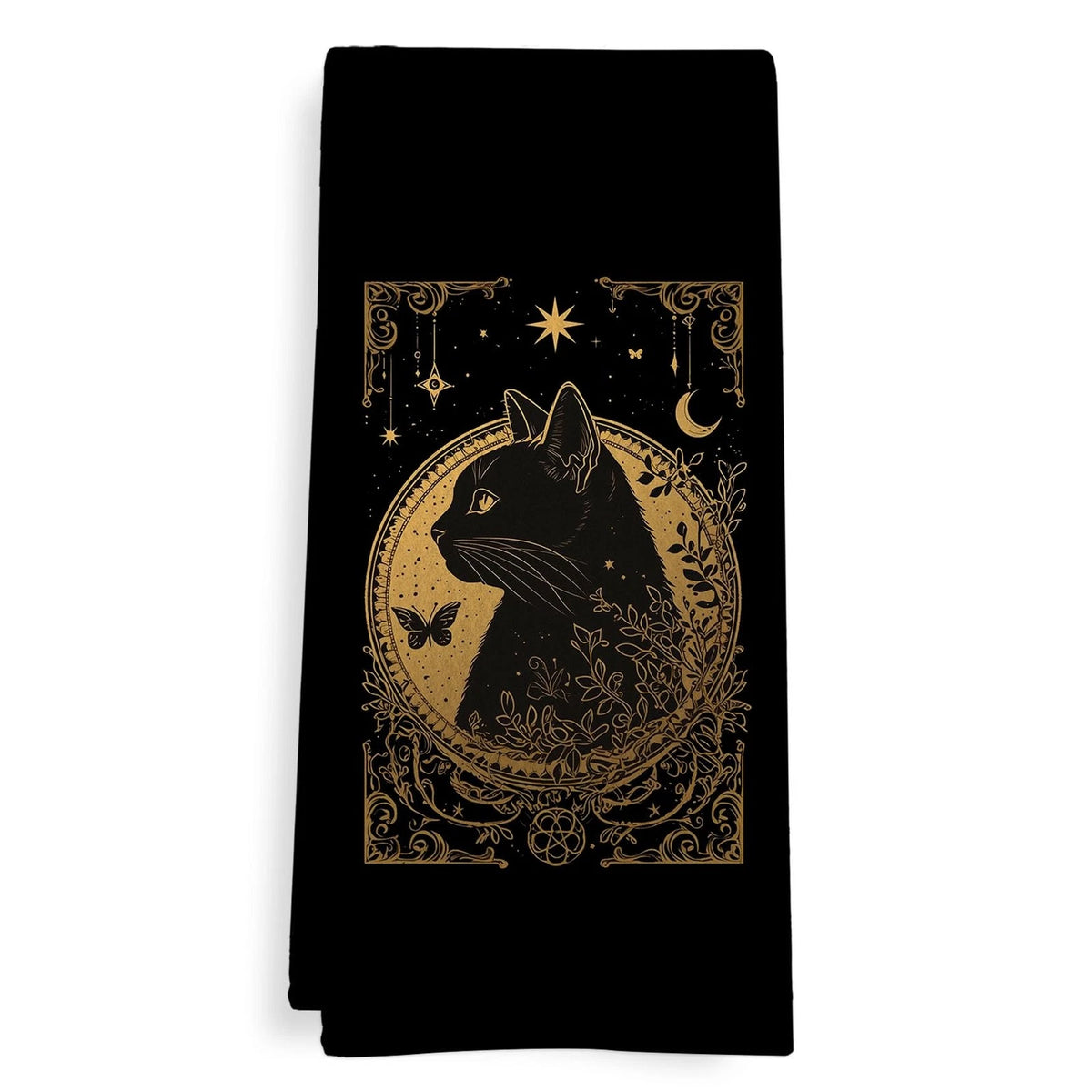 Gothic Tarot Cat Kitchen Towels - Witchy Black Gold 16x24 inches