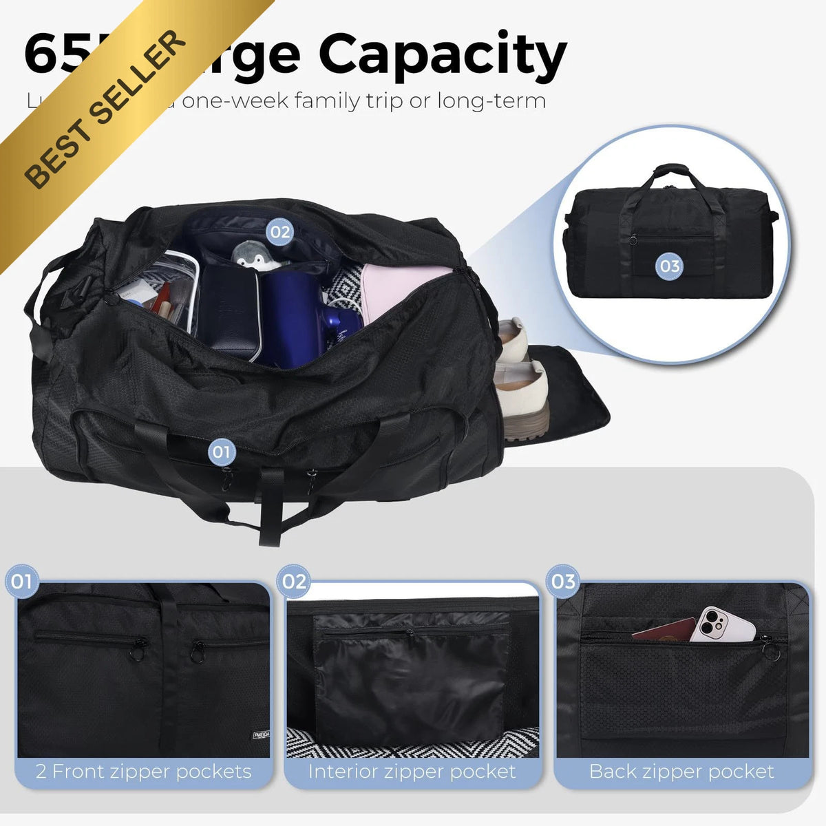 65L Duffle Bag with Shoes Compartment for Travel (Men Women) Black