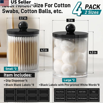 Set of 4 Acrylic Qtip Holder Dispensers for Cotton Swabs, Clear & Black