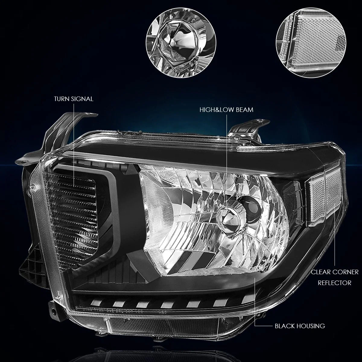 Headlight for Tundra Pickup (2014–2021) OE Replacement Black Housing Clear Corner