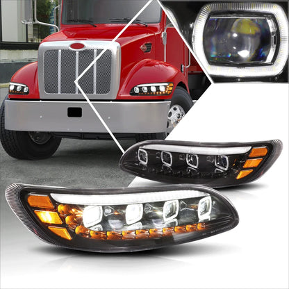 Set of 2 Quad LED Halo Sequential Signal Projector Headlights for Peterbilt 337 348 (2010–2020)